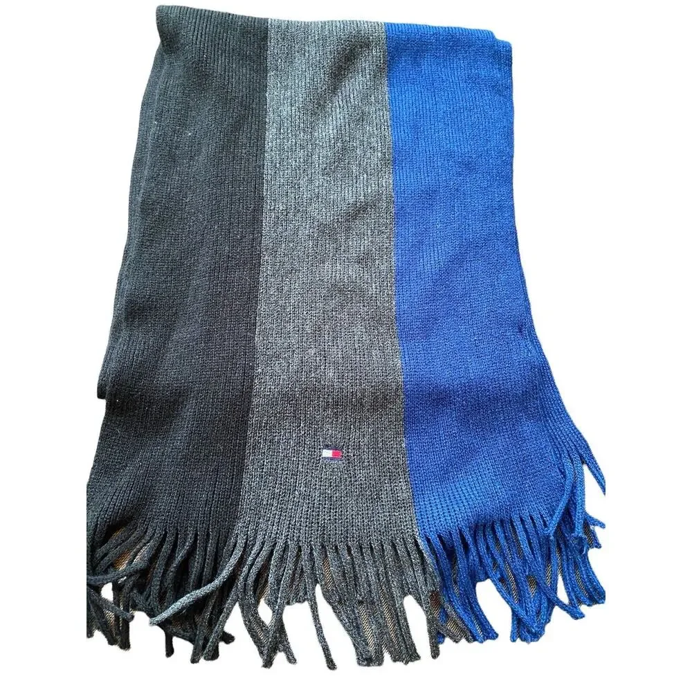 Tommy Hilfiger Stripe Scarf Fringe Men Wide Blue Gray Black